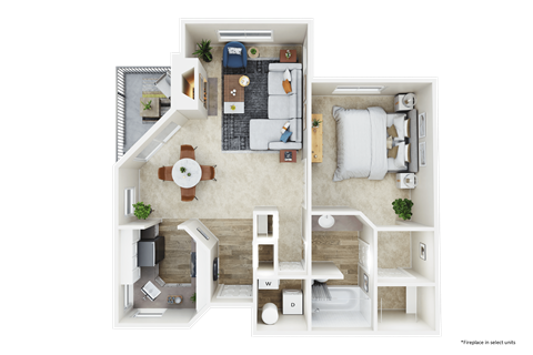 Floor plan for 1 bed, 1 bath, 734 sqft